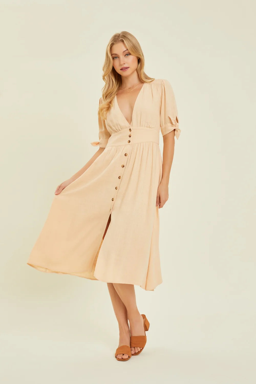 HEYSON Vestido Midi Camisero de Lino con Textura