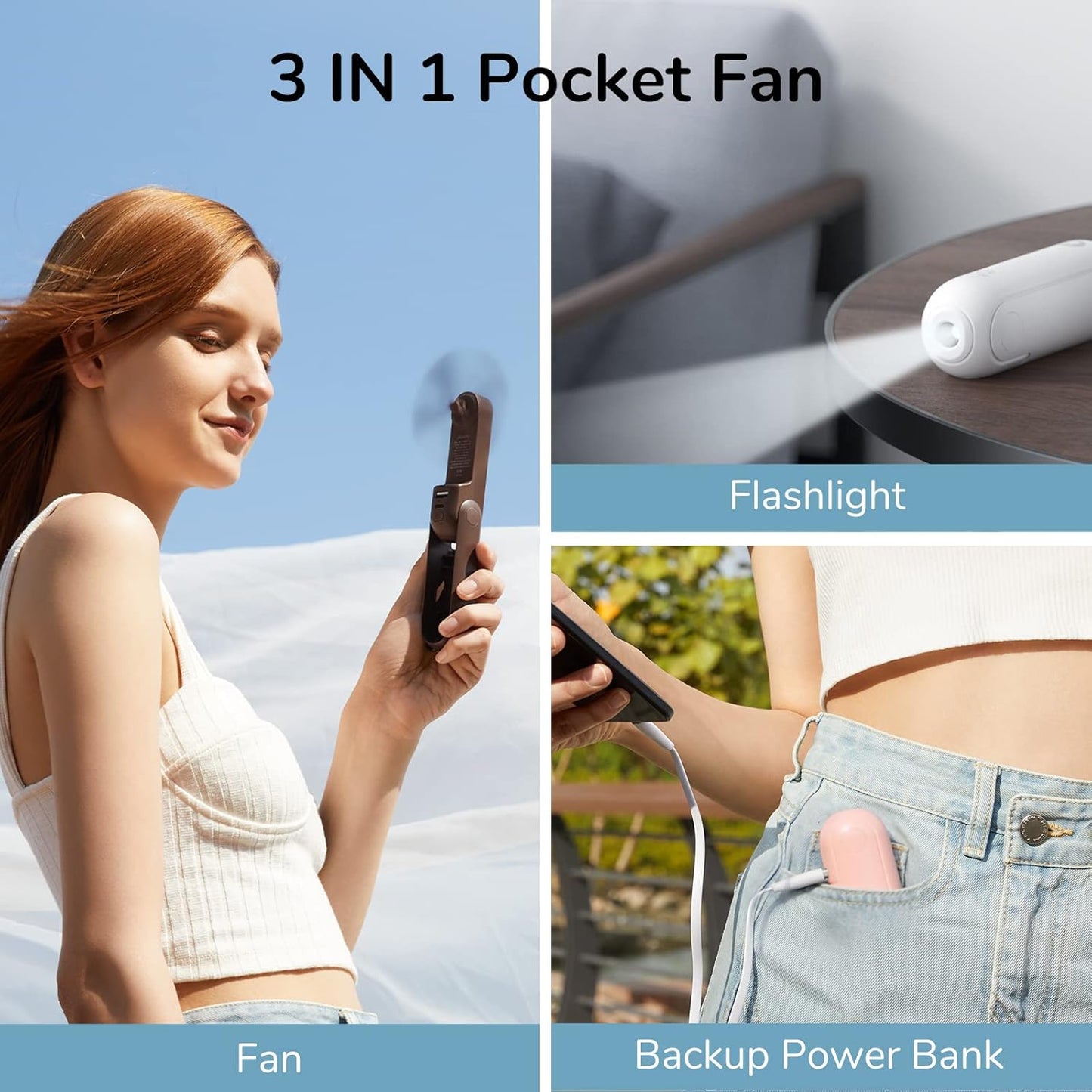 Portable 3-in-1 Pocket Fan with Power Bank