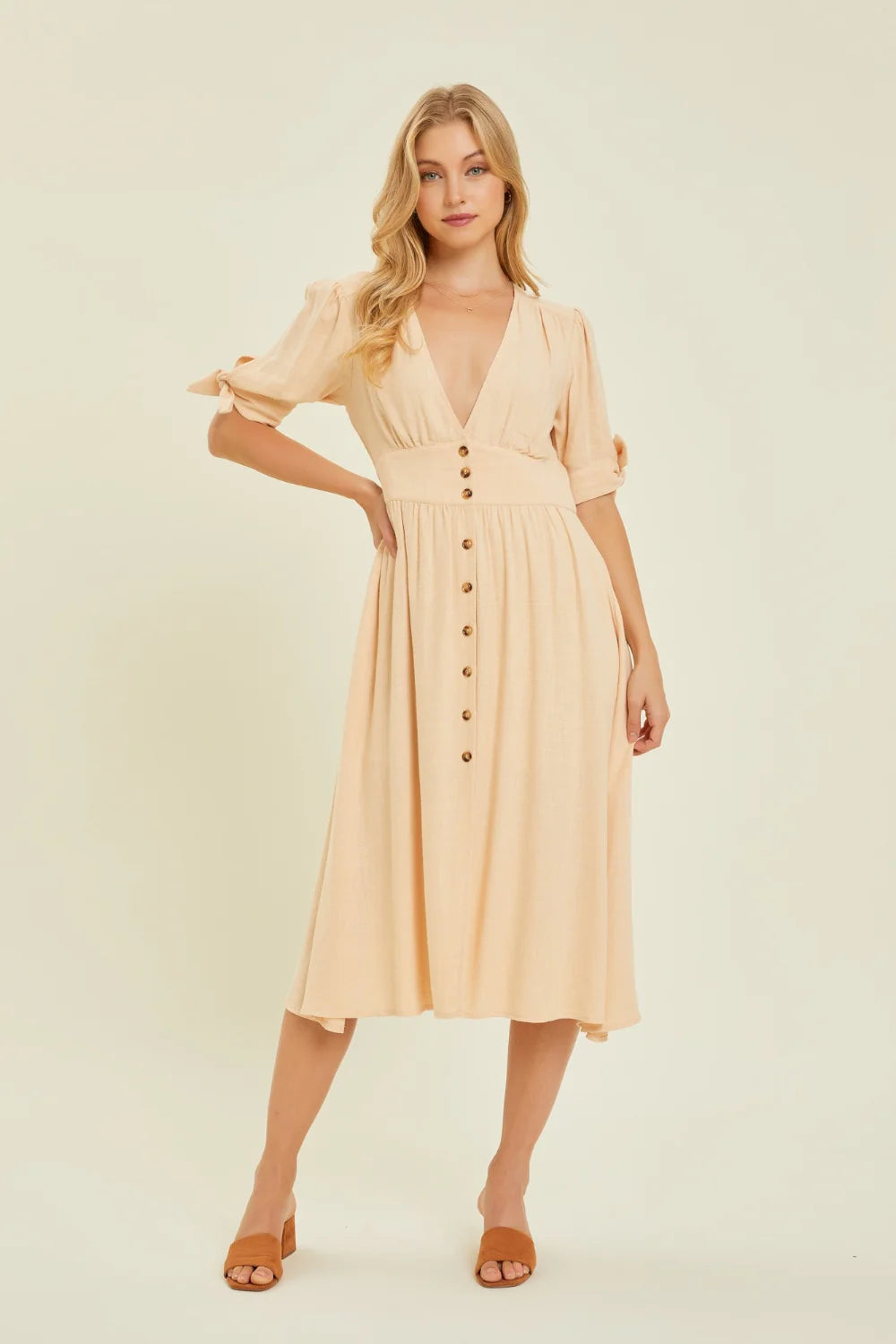 HEYSON Vestido Midi Camisero de Lino con Textura