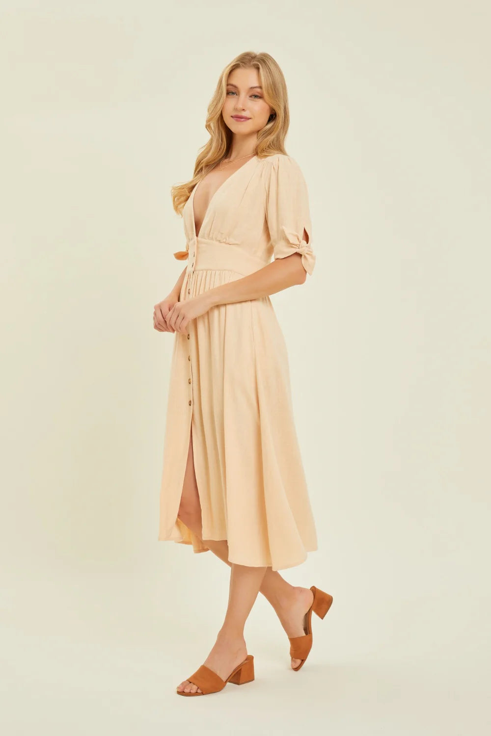 HEYSON Vestido Midi Camisero de Lino con Textura