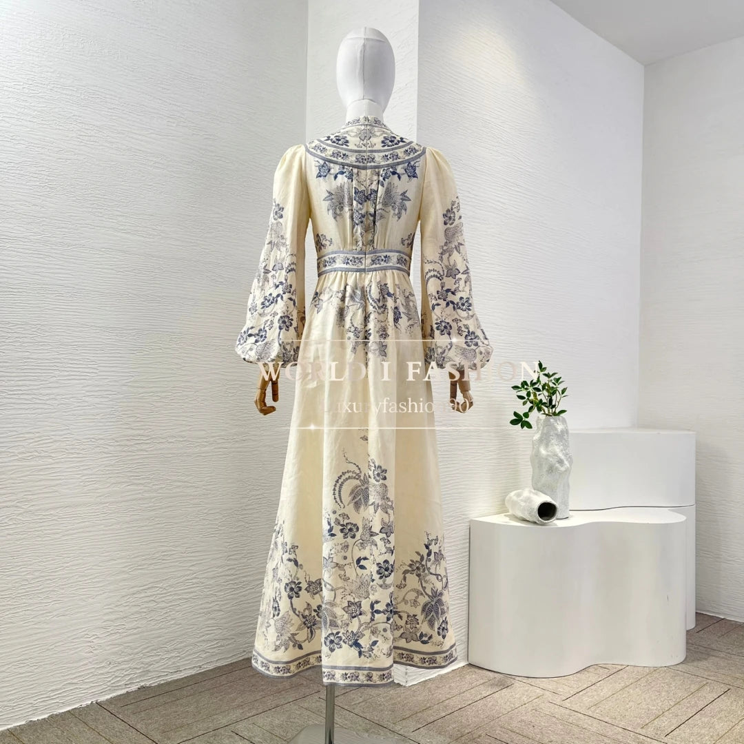 Rochie Midi din In cu Imprimeu cu Păsări