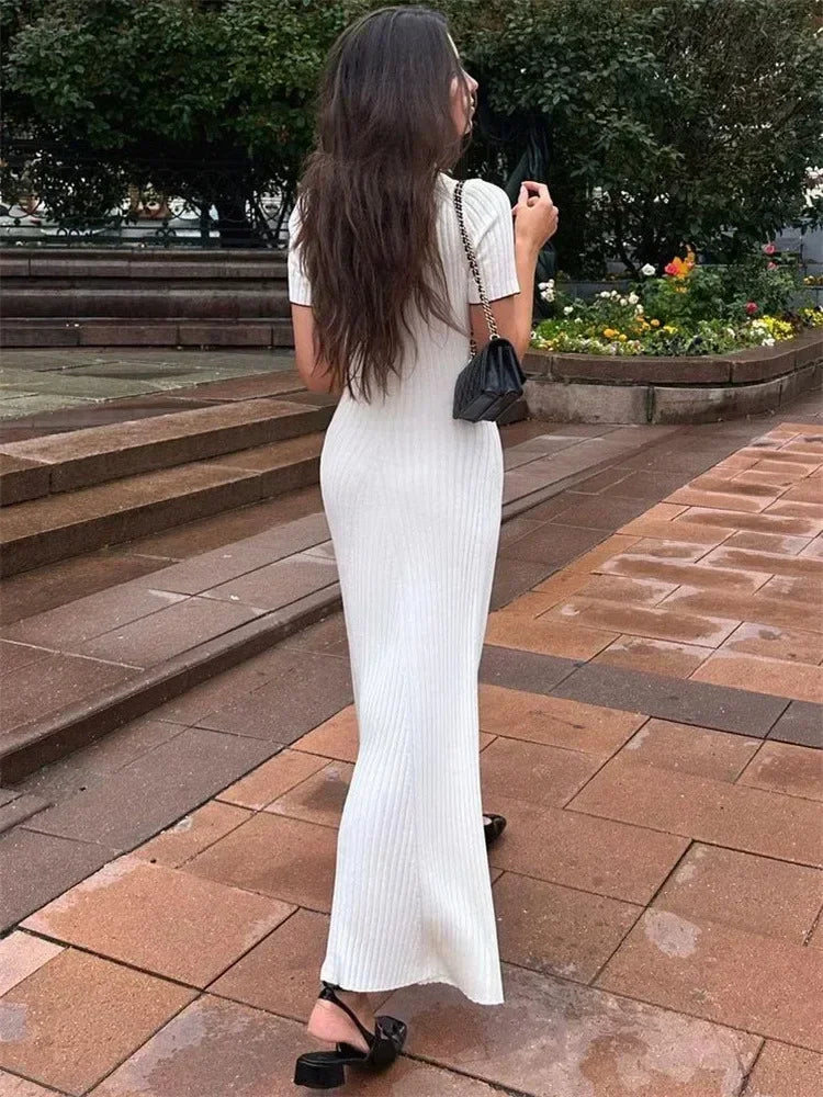 Vestido Largo de Punto con Cuello de Solapa