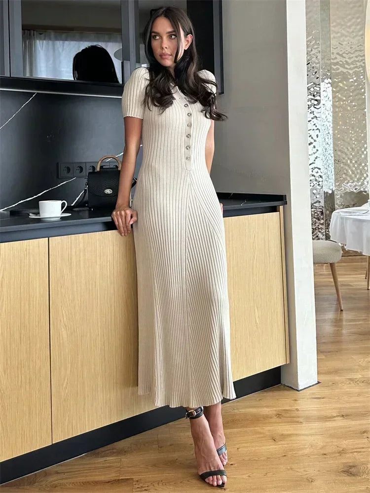 Vestido Largo de Punto con Cuello de Solapa