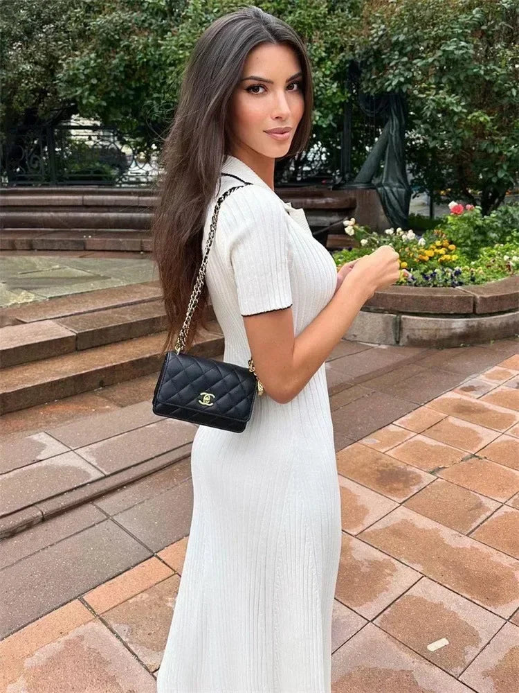 Vestido Largo de Punto con Cuello de Solapa