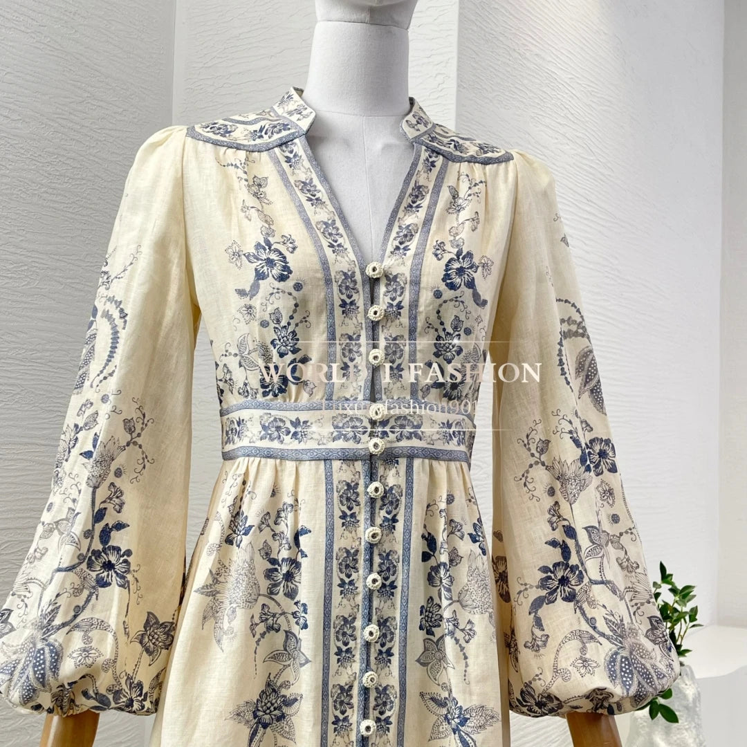 Rochie Midi din In cu Imprimeu cu Păsări
