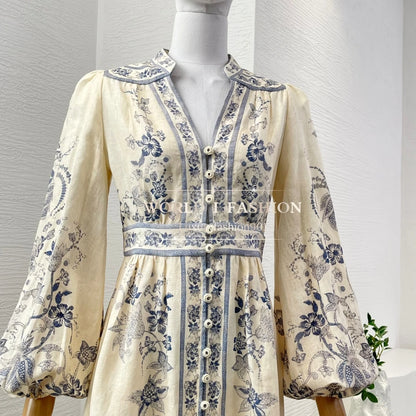 Rochie Midi din In cu Imprimeu cu Păsări