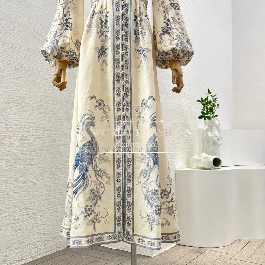 Rochie Midi din In cu Imprimeu cu Păsări