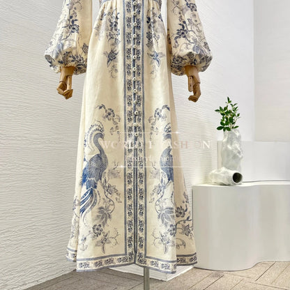 Rochie Midi din In cu Imprimeu cu Păsări