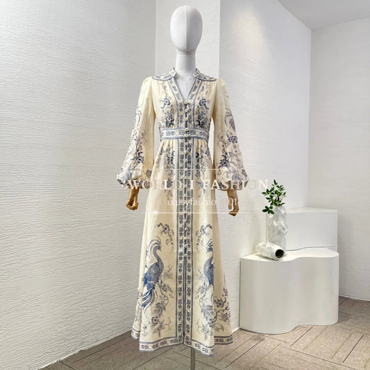 Rochie Midi din In cu Imprimeu cu Păsări