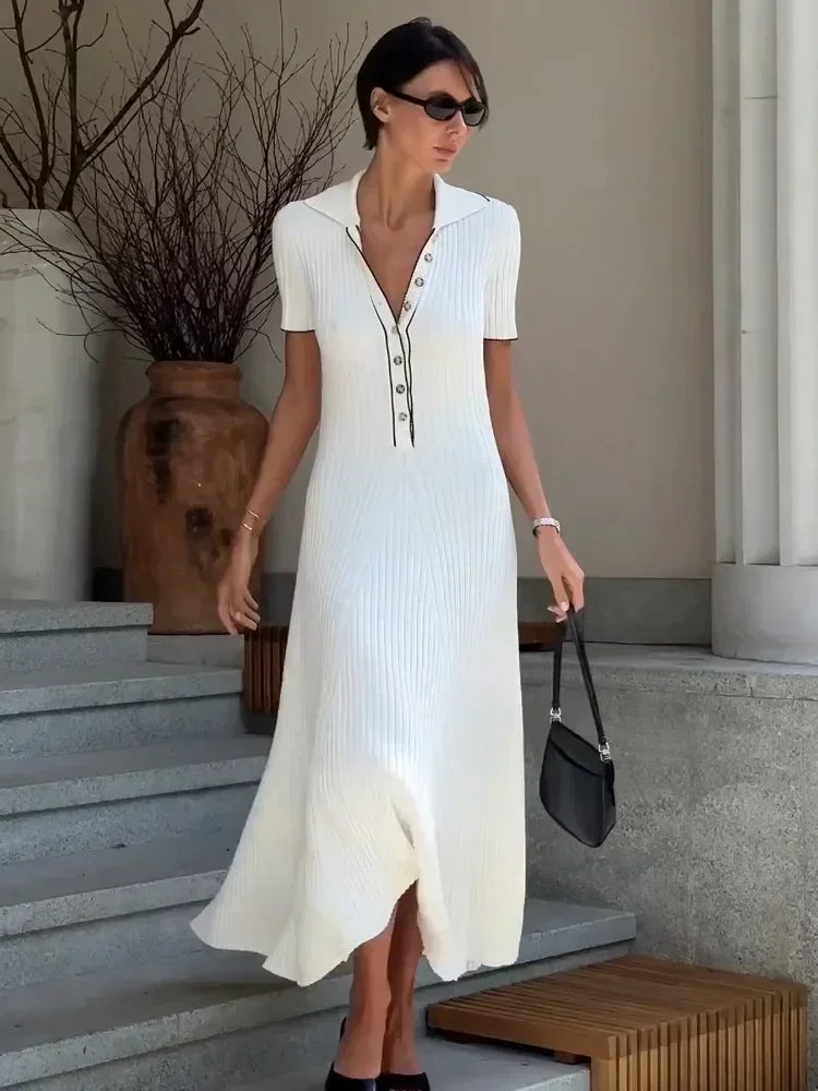 Vestido Largo de Punto con Cuello de Solapa