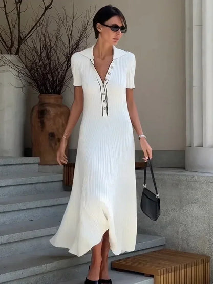 Vestido Largo de Punto con Cuello de Solapa