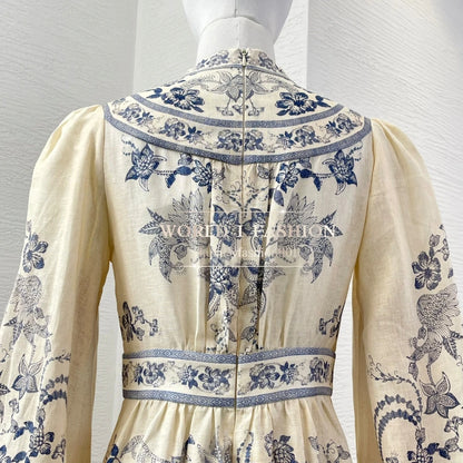 Rochie Midi din In cu Imprimeu cu Păsări