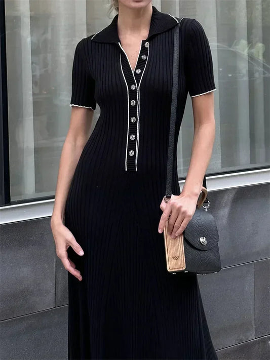 Vestido Largo de Punto con Cuello de Solapa