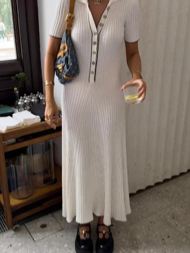 Vestido Largo de Punto con Cuello de Solapa