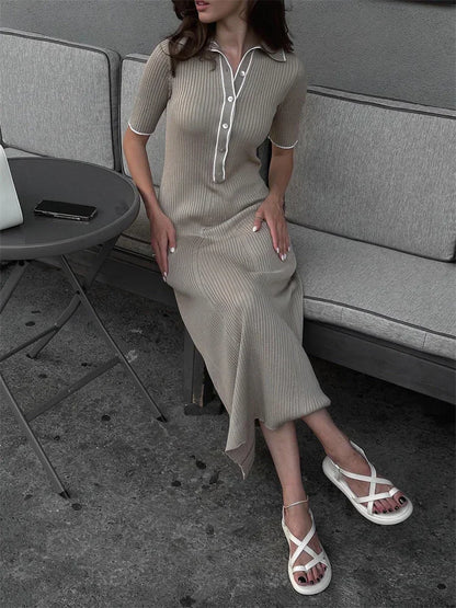 Vestido Largo de Punto con Cuello de Solapa